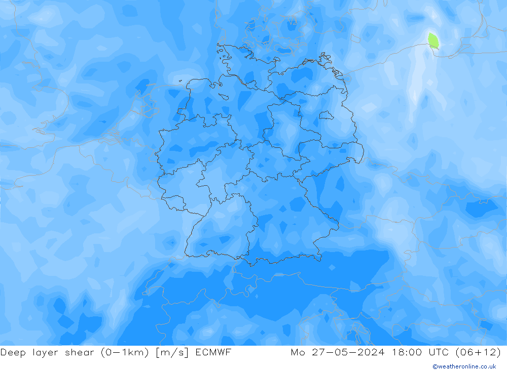 Deep layer shear (0-1km) ECMWF Mo 27.05.2024 18 UTC