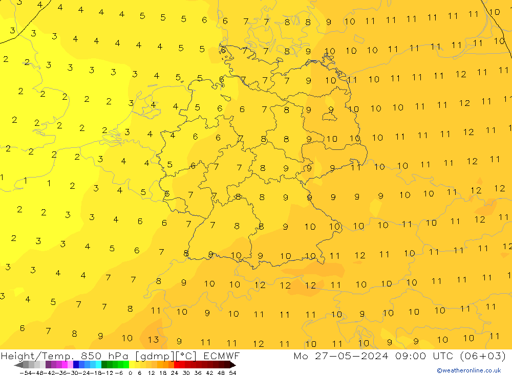 Height/Temp. 850 hPa ECMWF Mo 27.05.2024 09 UTC