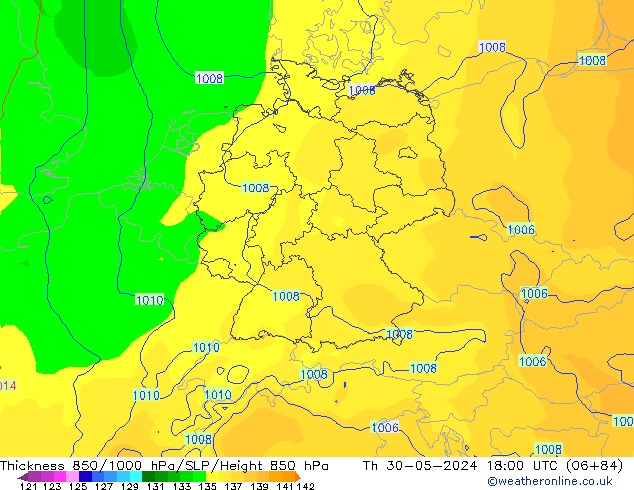 Espesor 850-1000 hPa ECMWF jue 30.05.2024 18 UTC