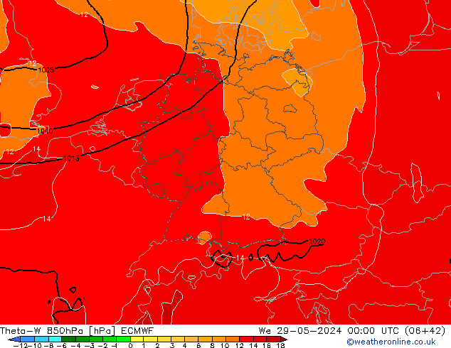 Theta-W 850hPa ECMWF Qua 29.05.2024 00 UTC