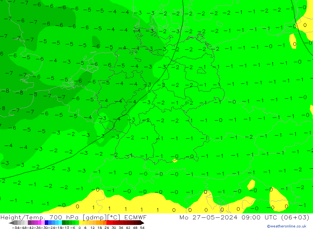 Geop./Temp. 700 hPa ECMWF lun 27.05.2024 09 UTC