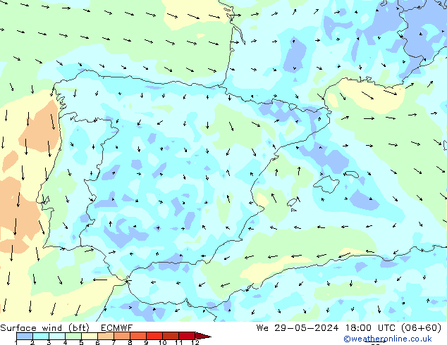 Wind 10 m (bft) ECMWF wo 29.05.2024 18 UTC