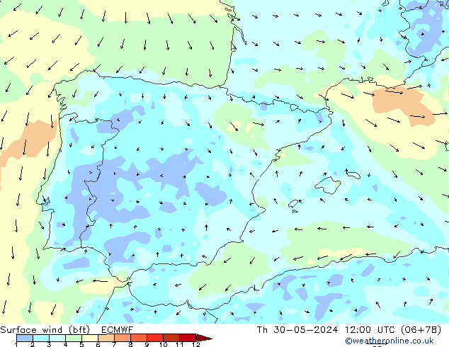 Surface wind (bft) ECMWF Th 30.05.2024 12 UTC