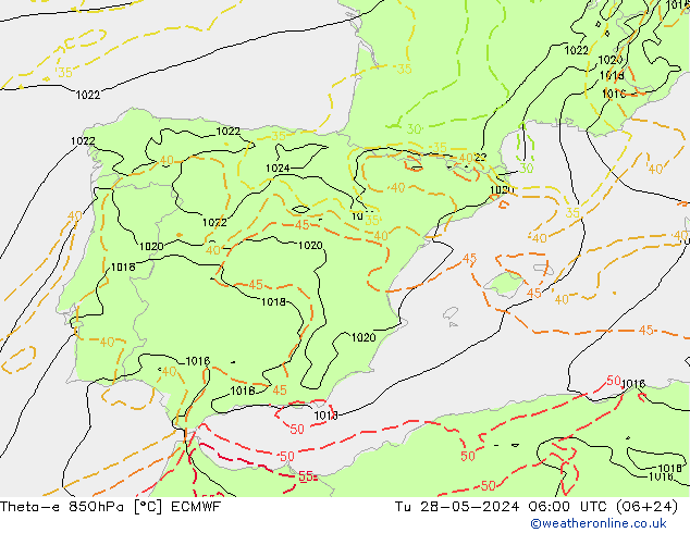 Theta-e 850hPa ECMWF di 28.05.2024 06 UTC