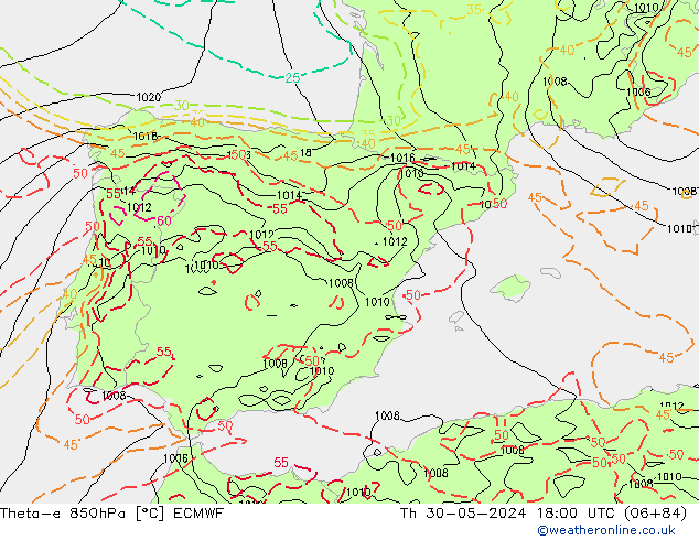 Theta-e 850hPa ECMWF Do 30.05.2024 18 UTC