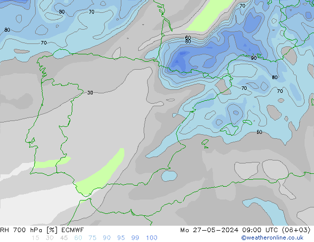 RH 700 hPa ECMWF Mo 27.05.2024 09 UTC