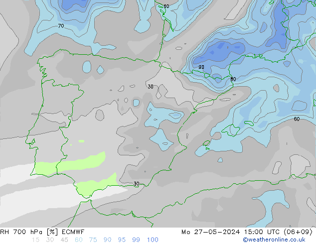 RH 700 hPa ECMWF pon. 27.05.2024 15 UTC