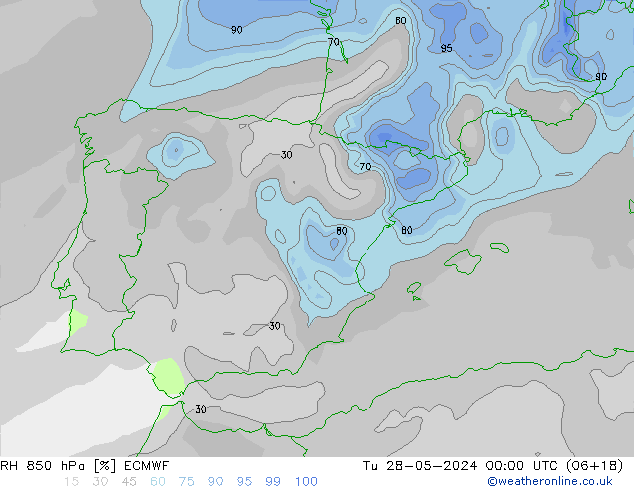 Humidité rel. 850 hPa ECMWF mar 28.05.2024 00 UTC