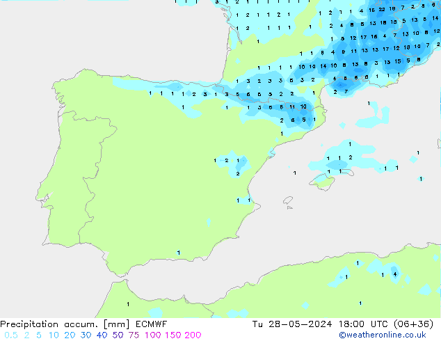 Precipitation accum. ECMWF Út 28.05.2024 18 UTC