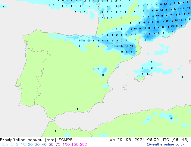 Totale neerslag ECMWF wo 29.05.2024 06 UTC