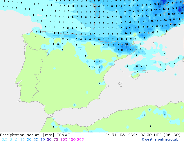 Precipitation accum. ECMWF Fr 31.05.2024 00 UTC