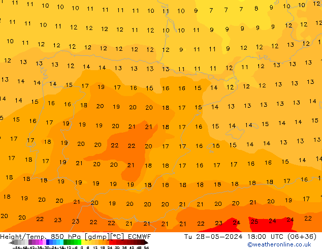 Height/Temp. 850 hPa ECMWF Út 28.05.2024 18 UTC