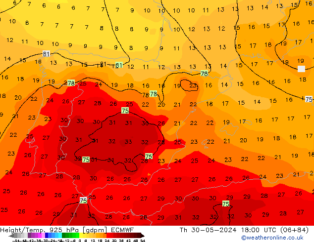 Height/Temp. 925 гПа ECMWF чт 30.05.2024 18 UTC