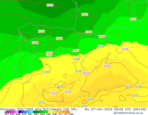 Thck 700-1000 hPa ECMWF lun 27.05.2024 06 UTC