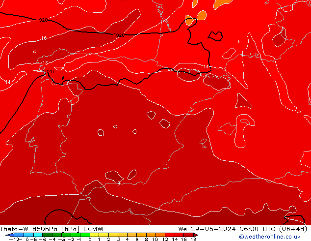 Theta-W 850hPa ECMWF śro. 29.05.2024 06 UTC