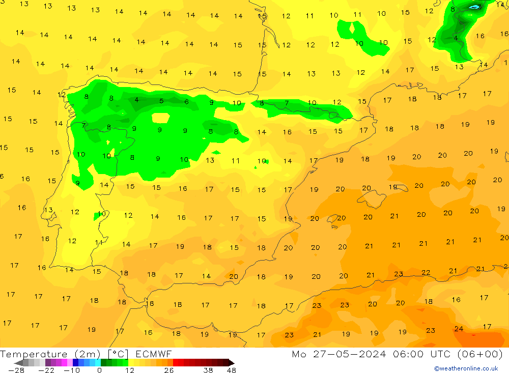 карта температуры ECMWF пн 27.05.2024 06 UTC