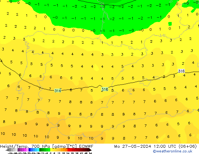 Height/Temp. 700 hPa ECMWF pon. 27.05.2024 12 UTC