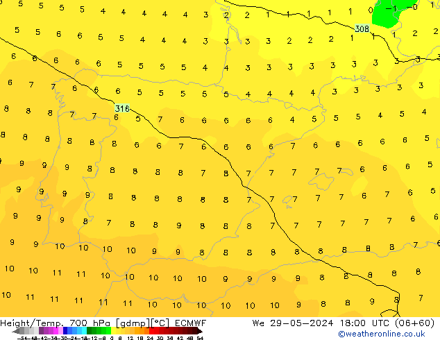 Hoogte/Temp. 700 hPa ECMWF wo 29.05.2024 18 UTC