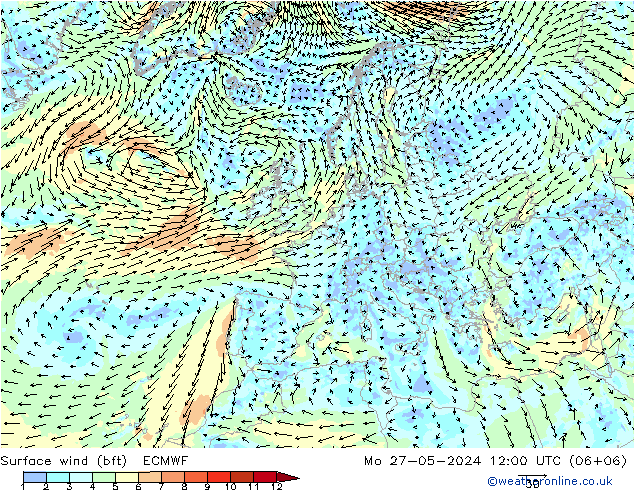 Rüzgar 10 m (bft) ECMWF Pzt 27.05.2024 12 UTC