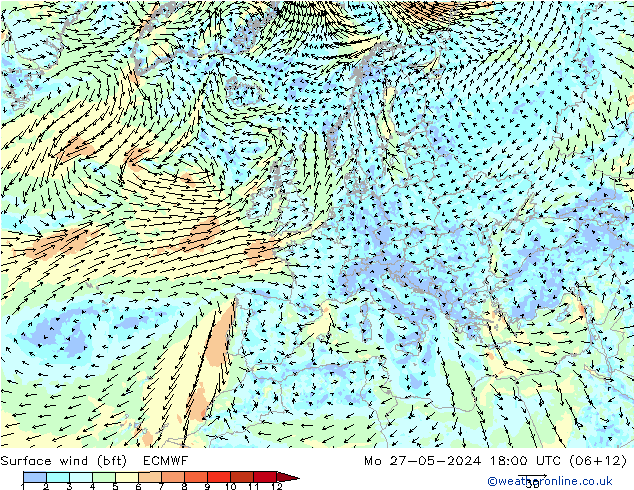 Surface wind (bft) ECMWF Po 27.05.2024 18 UTC