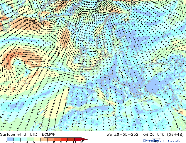 Surface wind (bft) ECMWF We 29.05.2024 06 UTC