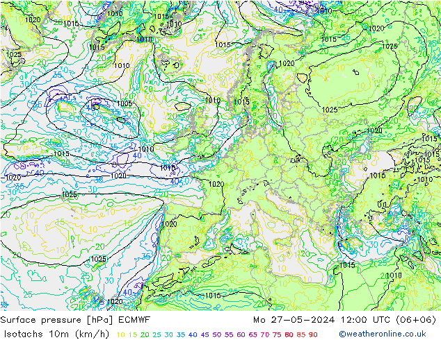 Isotachs (kph) ECMWF lun 27.05.2024 12 UTC