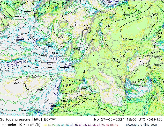 Isotachs (kph) ECMWF Mo 27.05.2024 18 UTC