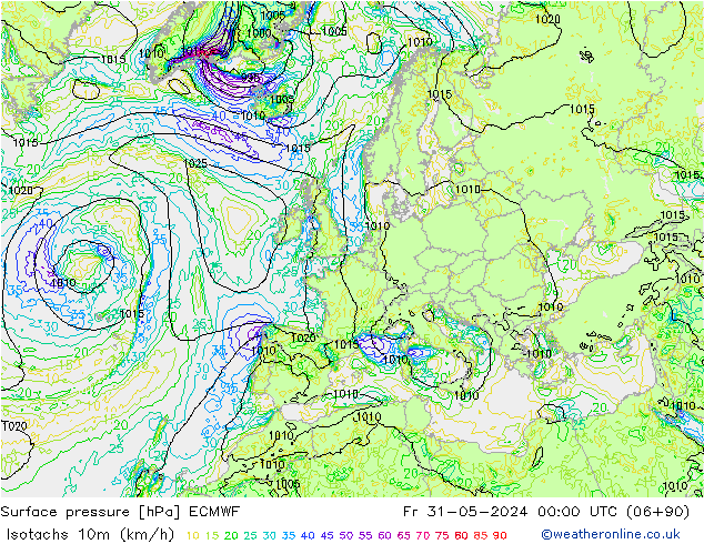 Isotachs (kph) ECMWF ven 31.05.2024 00 UTC