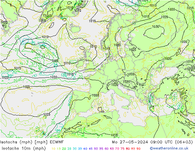 Isotaca (mph) ECMWF lun 27.05.2024 09 UTC