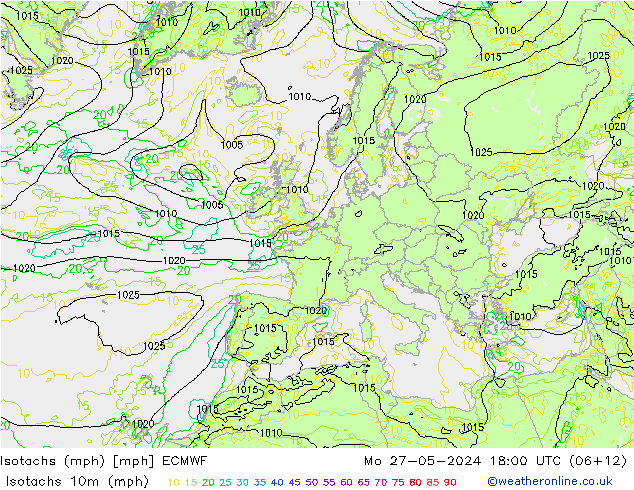 Isotachen (mph) ECMWF Mo 27.05.2024 18 UTC