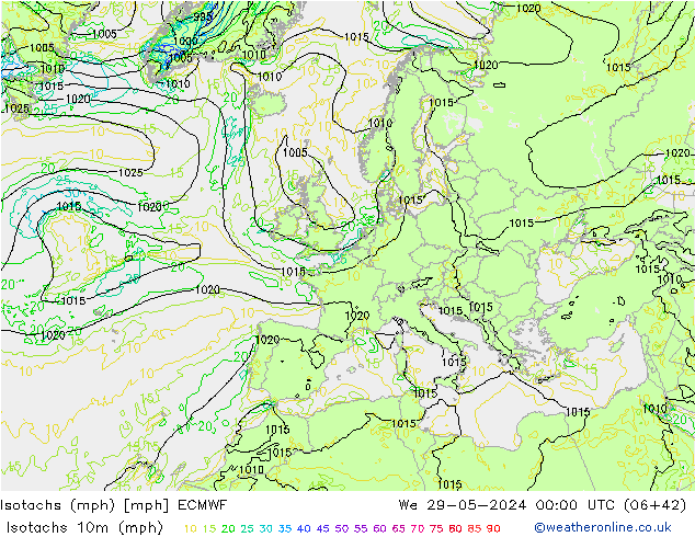 Isotachen (mph) ECMWF Mi 29.05.2024 00 UTC