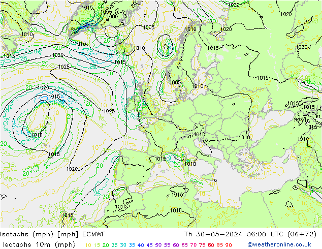 Isotachs (mph) ECMWF чт 30.05.2024 06 UTC