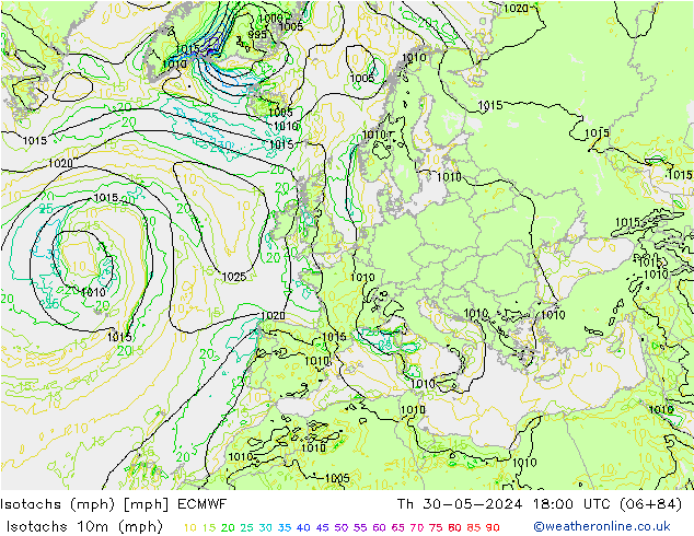 Isotachs (mph) ECMWF Th 30.05.2024 18 UTC