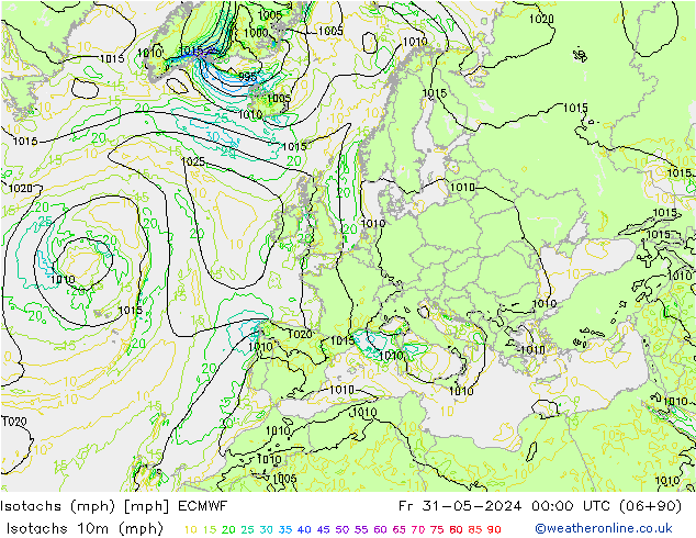 Isotachen (mph) ECMWF Fr 31.05.2024 00 UTC