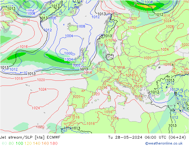 Jet stream/SLP ECMWF Út 28.05.2024 06 UTC