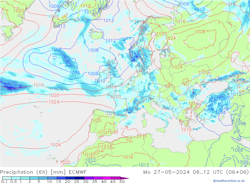 Z500/Rain (+SLP)/Z850 ECMWF Po 27.05.2024 12 UTC