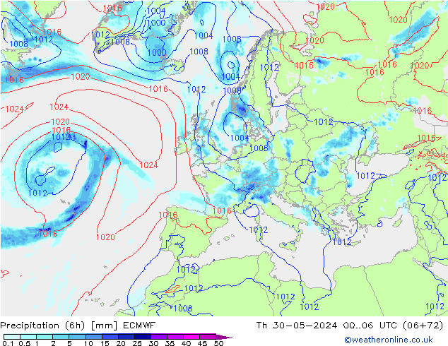 Z500/Rain (+SLP)/Z850 ECMWF gio 30.05.2024 06 UTC