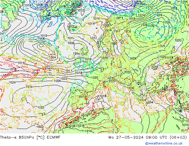 Theta-e 850hPa ECMWF lun 27.05.2024 09 UTC