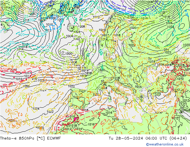 Theta-e 850hPa ECMWF 星期二 28.05.2024 06 UTC