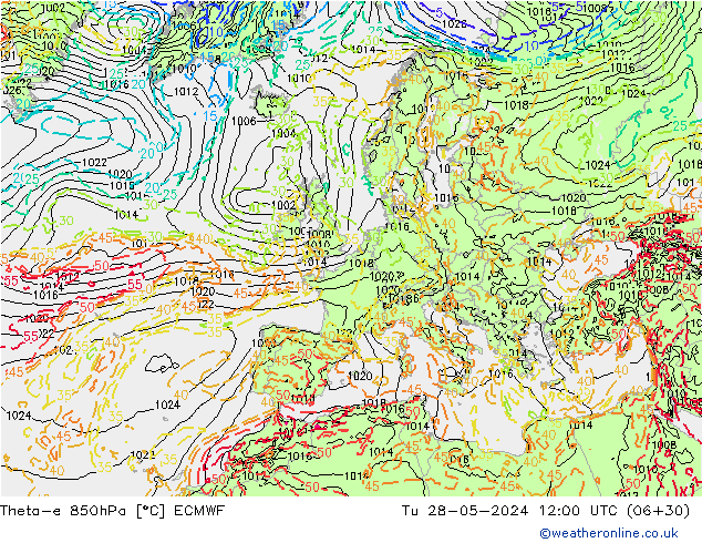 Theta-e 850hPa ECMWF Sa 28.05.2024 12 UTC