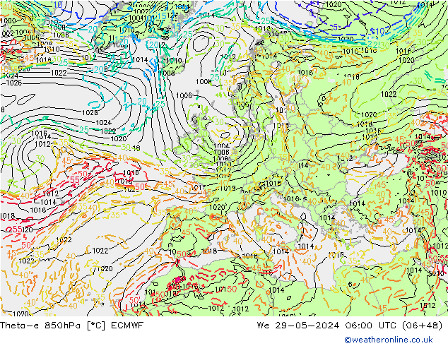 Theta-e 850hPa ECMWF mer 29.05.2024 06 UTC