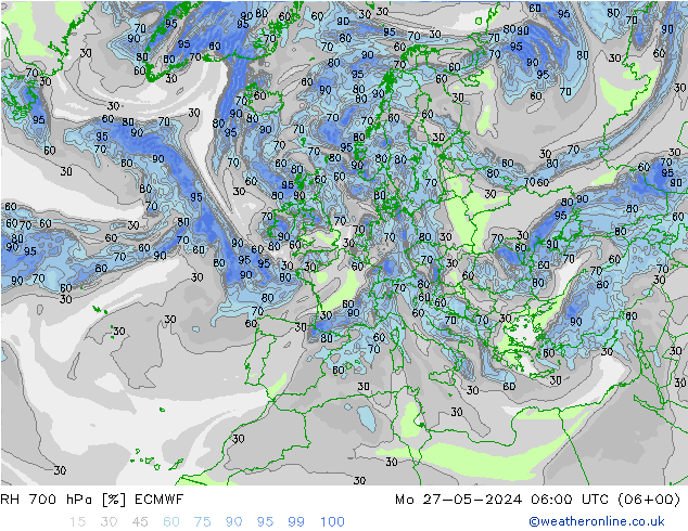 RH 700 hPa ECMWF Mo 27.05.2024 06 UTC