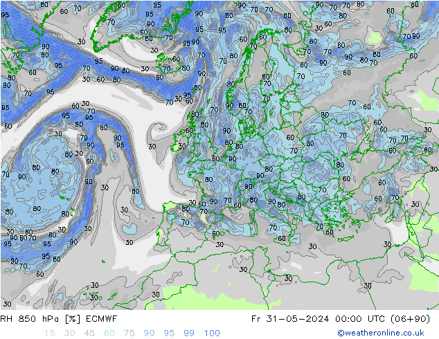 Humidité rel. 850 hPa ECMWF ven 31.05.2024 00 UTC