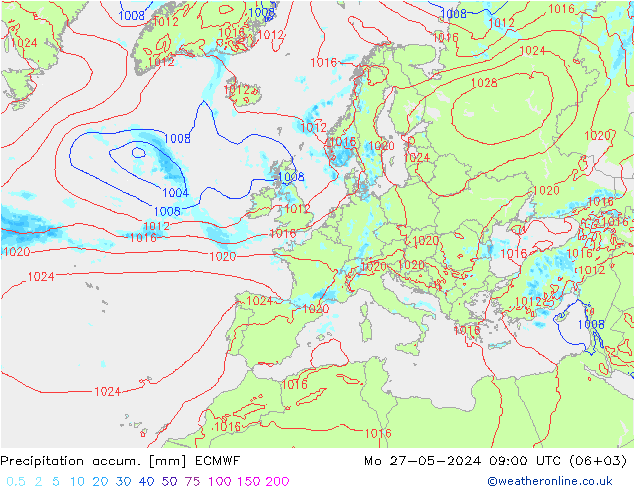 Precipitation accum. ECMWF пн 27.05.2024 09 UTC