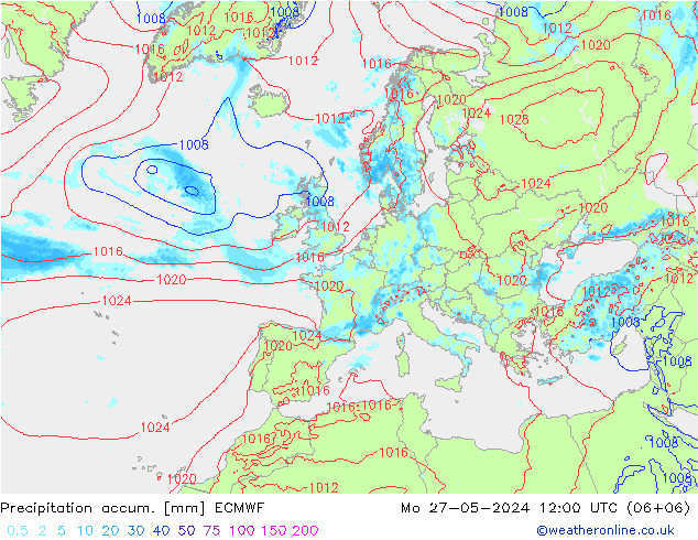 Precipitation accum. ECMWF пн 27.05.2024 12 UTC