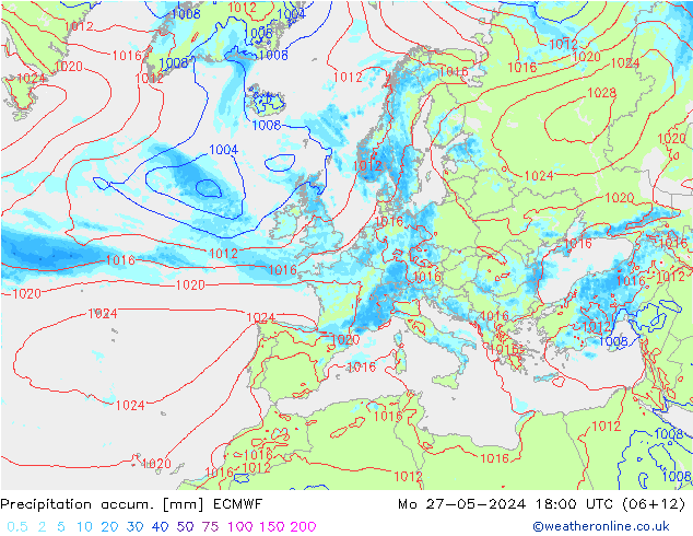 Precipitation accum. ECMWF 星期一 27.05.2024 18 UTC