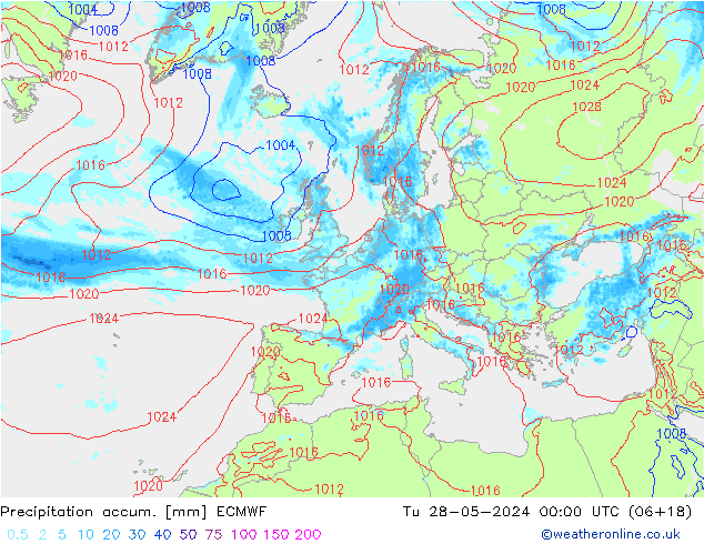 Precipitation accum. ECMWF mar 28.05.2024 00 UTC