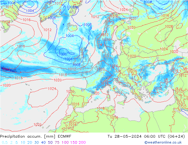 Precipitation accum. ECMWF Út 28.05.2024 06 UTC