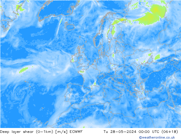 Deep layer shear (0-1km) ECMWF mar 28.05.2024 00 UTC