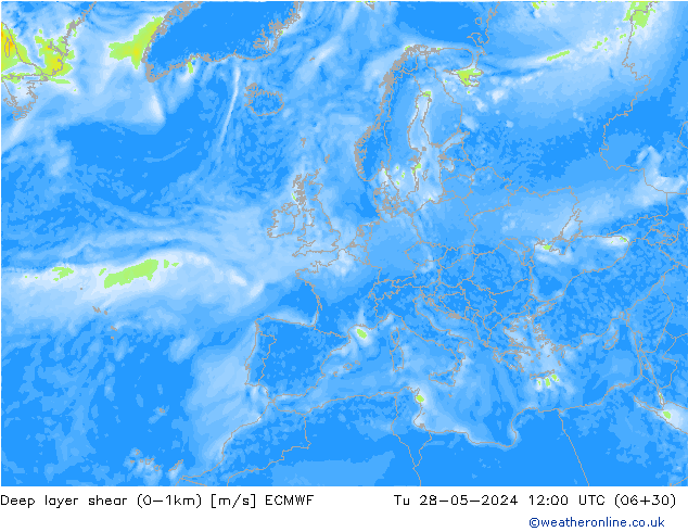 Deep layer shear (0-1km) ECMWF Sa 28.05.2024 12 UTC